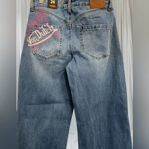 Von Dutch Wide Leg Dark Blue Denim Logo Patch Jeans RARE!! New with tags!! - Picture 8 of 10